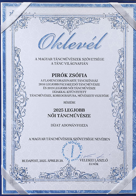 Pirok Zsófi 2025 Legjobb Női Táncművésze Díj - oklevél
